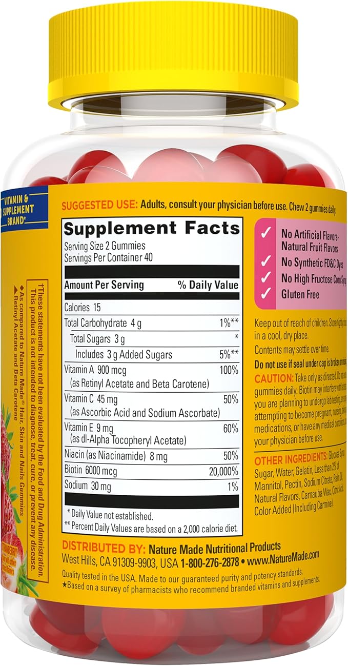 Nature Made Advanced Hair Skin and Nails Gummies, Biotin, Pro Retinol A, Niacinamide, Vitamin C & Vitamin E, 80 Gummies, 40 Day Supply