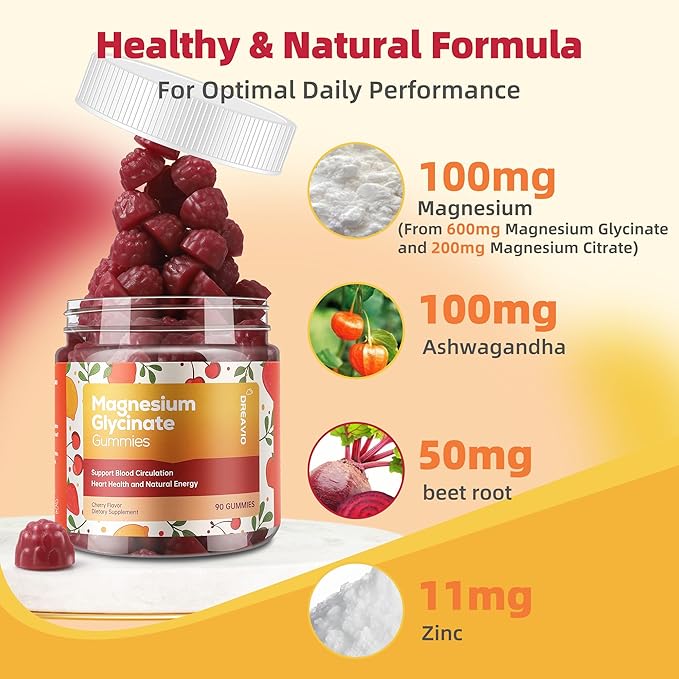 90 Count Magnesium Glycinate Gummies w/Ashwagandha Supplement - Sugar Free Zinc Magnesium Glycinate Supplement Ashwagandha Gummies for Adults