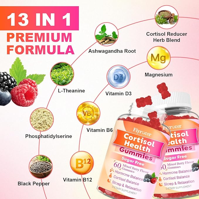 Cortisol Supplements for Women & Men, 13 in 1 Cortisol Detox, Cortisol Manager Reducer with Ashwagandha, Magnesium, L-Theanine, Cortisol Balance Gummies-Hormone Balance, Focus, Calm, zzZ, 120 Cts
