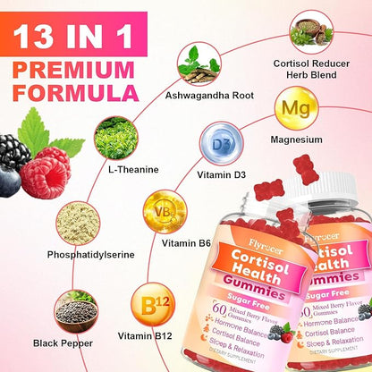Cortisol Supplements for Women & Men, 13 in 1 Cortisol Detox, Cortisol Manager Reducer with Ashwagandha, Magnesium, L-Theanine, Cortisol Balance Gummies-Hormone Balance, Focus, Calm, zzZ, 120 Cts