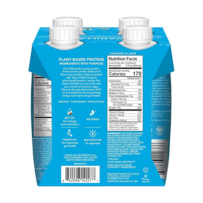 ALOHA Organic Plant-Based Protein Drink – Vanilla Flavor | GLP-1 Friendly with 18g Protein, 5g Sugar, 3g Fiber | Made w/Creamy Coconut Milk, No Stevia | Vegan, Non-GMO, Gluten-Free, 11oz (12 Pack)