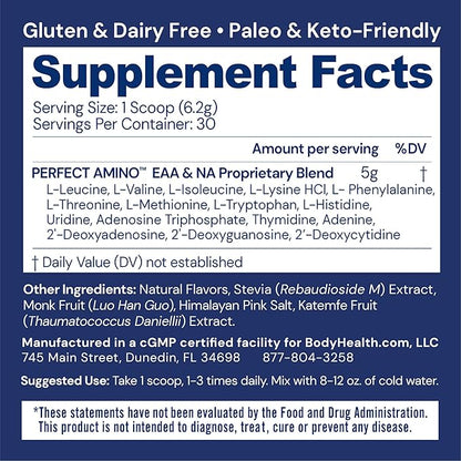 BodyHealth PerfectAmino Powder - BCAA and EAA Powder for Pre and Post Workout - Amino Acid Energy Drink for Men and Women to Support Lean Muscle and Recovery - Vanilla - 30 Servings