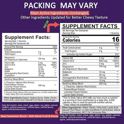 Melatonin Gummies 10mg 20mg for Adults, Melatonin 10 mg per Gummy with Ashwagandha, Magnesium Glycinate, GABA, L-theanine, Valerian Root & Lemon Balm, Rest Support Supplement, Grape Flavor, 2-Pack
