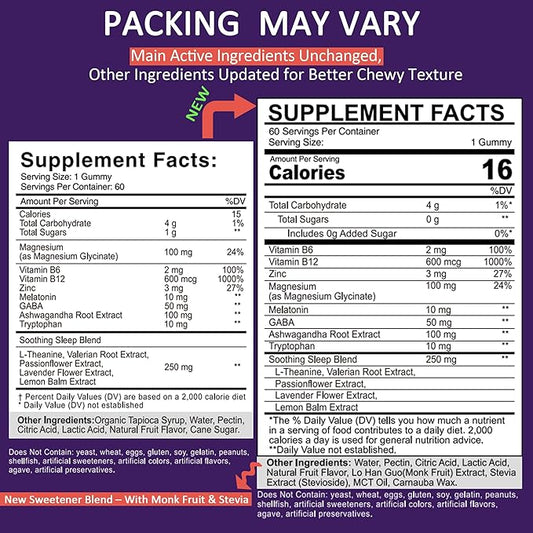 Melatonin Gummies 10mg 20mg for Adults, Melatonin 10 mg per Gummy with Ashwagandha, Magnesium Glycinate, GABA, L-theanine, Valerian Root & Lemon Balm, Rest Support Supplement, Grape Flavor, 2-Pack