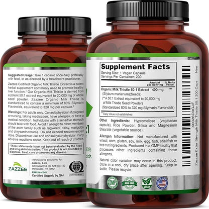 Zazzee USDA Organic Milk Thistle 50:1 Extract, 80% Silymarin Flavonoids, 200 Vegan Capsules, 6+ Month Supply, Silybum Marianum, Liver Support & Detox Support, Organic All-Natural, Non-GMO, Made in USA