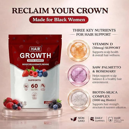 Hair Growth Gummies for Black Women, with Biotin-Silica Complex (5000mg Biotin) & Vitamin D (30mcg), Supports Healthy Hair Growth & Strength, Skin & Nail Care, Non-GMO, 60 Gummies