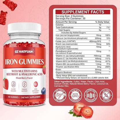 Iron Gummies for Women & Men - Iron Supplement with Multivitamin for Adults & Kids - Support Blood Builder, Energy, Iron Deficiency & Anemia - Sugar Free Iron Gummies Mixed Berry Flavor 60 ct