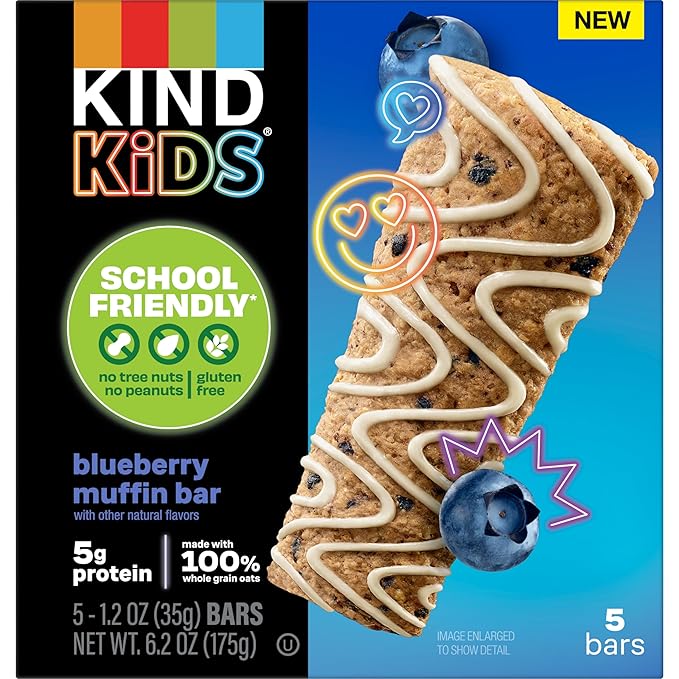 KIND Kids Granola Bars, Blueberry Muffin, Gluten Free, Low Sodium, Peanut and Tree Nut Free Snacks, 5g Protein, 5 Count