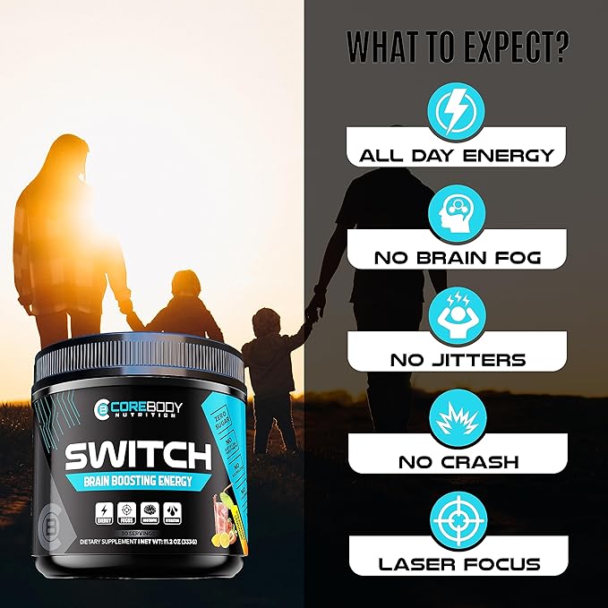CoreBody Switch Energy Drink Mix -Nootropics Brain Support Supplement for Memory & Focus, Sugar Free Energy Booster with Nootropics, Alpha GPC, All Day Focus* (Tropical Punch)