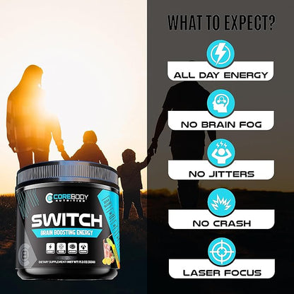 CoreBody Switch Energy Drink Mix -Nootropics Brain Support Supplement for Memory & Focus, Sugar Free Energy Booster with Nootropics, Alpha GPC, All Day Focus* (Tropical Punch)