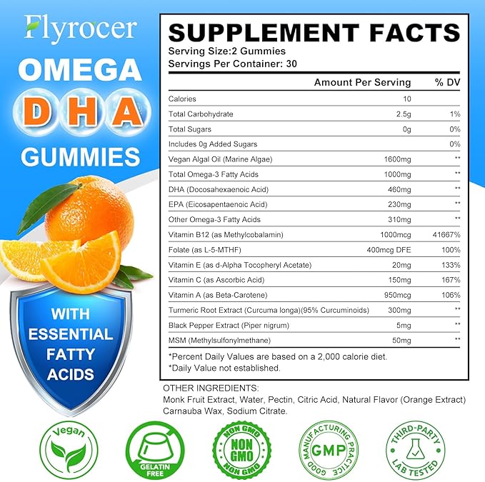 Vegan Omega 3 Gummies - Algal Oil Omega 3 Supplement with DHA, EPA & 10 Essential Vitamins, Fish Oil Alternative - Support Brain, Eye & Immunity for Adults, Orange Flavor, 120 Count