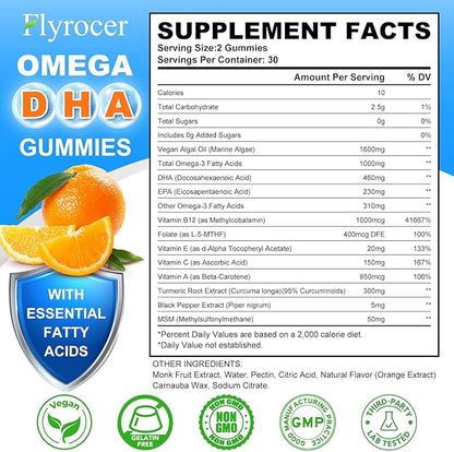 Vegan Omega 3 Gummies - Algal Oil Omega 3 Supplement with DHA, EPA & 10 Essential Vitamins, Fish Oil Alternative - Support Brain, Eye & Immunity for Adults, Orange Flavor, 120 Count
