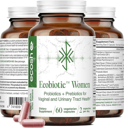Ecosh Women's Probiotic for PH Balance, Urinary Tract & Gut Health – Vaginal Probiotics for Women with Prebiotics, Lactobacillus Acidophilus & Crispatus, Natural Cranberry & Herbs | 60 Vegan Capsules