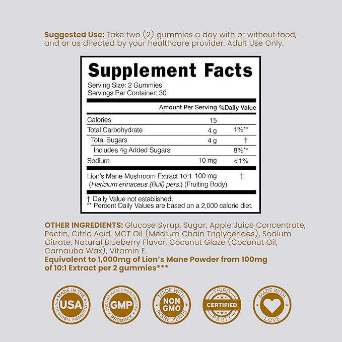 Lions Mane Mushroom Gummies (60 Count) Focus Gummies & Brain Mushroom Supplement for Adults - Delicious Blueberry Flavor - Premium Lions Mane Supplement - Third Party Tested, Vegan Safe & USA Made