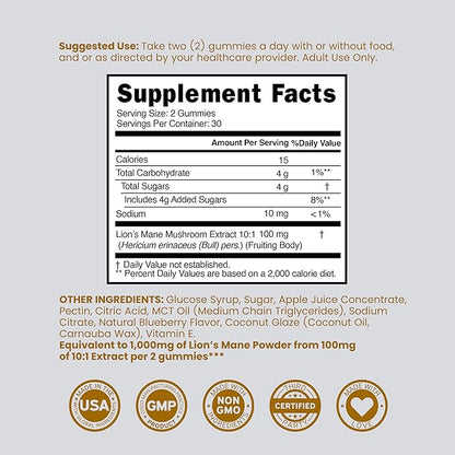Lions Mane Mushroom Gummies (60 Count) Focus Gummies & Brain Mushroom Supplement for Adults - Delicious Blueberry Flavor - Premium Lions Mane Supplement - Third Party Tested, Vegan Safe & USA Made