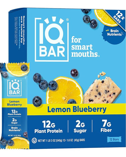 IQBAR Clean Plant Protein Bars - Lemon Blueberry - 12 Count - Keto, Vegan, High Fiber, Gluten and Dairy Free, Low Sugar Snack - Brain and Body Nutrients for Focus, Energy, Meal Replacement