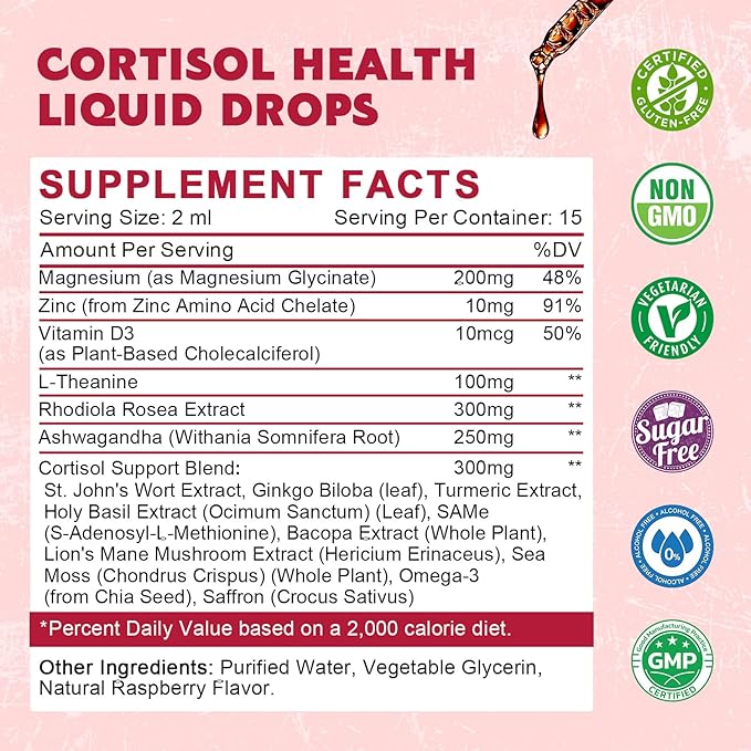 (2 Pack) Cortisol Liquid Drops for Women - Balanced Cortisol, Hormone Balance Support, Cortisol Supplements for Women with Magnesium Complex, Rhodiola Rosea, Ashwagandha, Sugar-Free, 1 Fl Oz