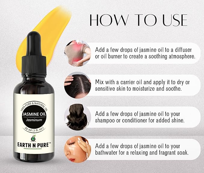 Earth N Pure Jasmine Essential Oil|100% Natural and Therapeutic Grade|Undiluted|for Aromatherapy|Flawless Skin|Soap Making|Massage|Improve Hair Growth|Relaxation|with Glass Dropper |100ML
