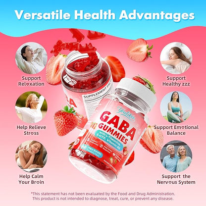 2 Pack GABA Gummies 500mg with L-Theanine, 5-HTP, Vitamins B6, B12, D3 and Ashwagandha, Melatonin-Free, GABA Supplements for Adult, Sugar-Free, Strawberry Flavor, 120 Count