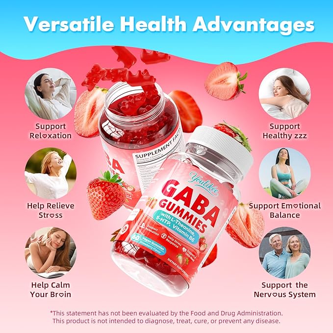 GABA Gummies 500mg with L-Theanine, 5-HTP, Vitamins B6, B12, D3 and Ashwagandha, Melatonin-Free, GABA Supplements for Adult, Sugar-Free, Strawberry Flavor, 60 Count