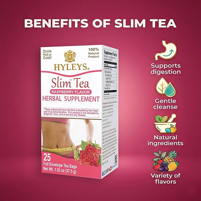 Hyleys Slim Tea Raspberry Flavor - Weight Loss Herbal Supplement Cleanse and Detox - 25 Tea Bags (1 Pack)