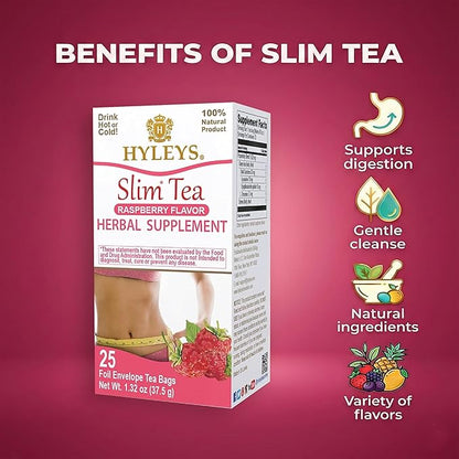 Hyleys Slim Tea Raspberry Flavor - Weight Loss Herbal Supplement Cleanse and Detox - 25 Tea Bags (12 Pack)