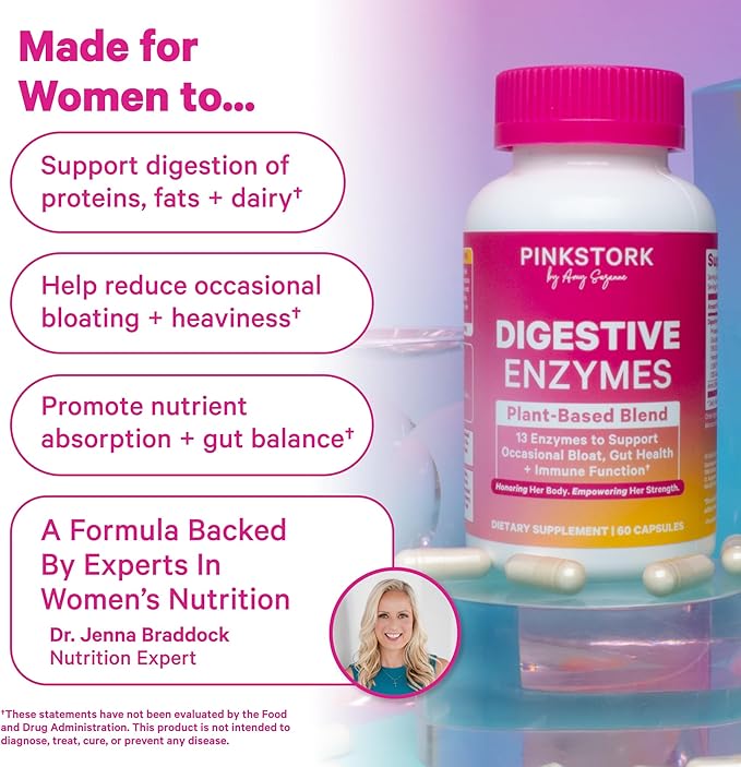 Pink Stork Digestive Enzymes for Women | Supports Digestion, Gut Health, Bloating Relief, Metabolism + Nutrient Absorption | GLP-1 Support | Vegan | 13 Enzymes + Amla Supplement | 60 Capsules