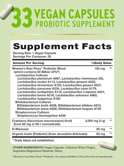 Raw Flora Women's Probiotics | Dr. Formulated 60 Billion CFU + Prebiotics | Digestive, Vaginal & Urinary Support | 33 Vegan Capsules with Cranberry & D-Mannose | Shelf Stable