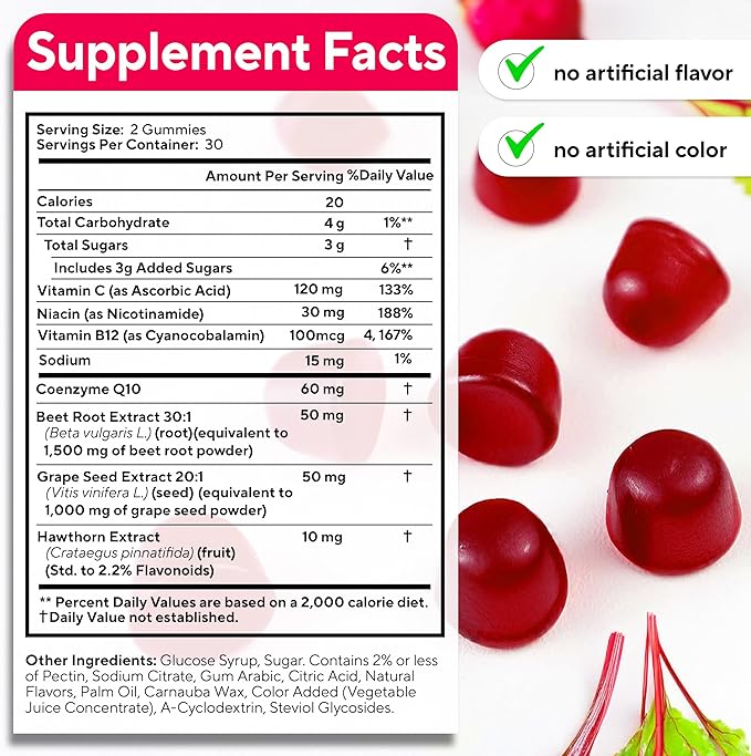 VitaUp Beet Root Gummies – Beetroot Supplement with CoQ10, Grape Seed, Vitamin C, B12 & B3 – Nitric Oxide Gummies for Circulation Support – Beet Supplement for Energy & Immune Support – 60 Beets Chews
