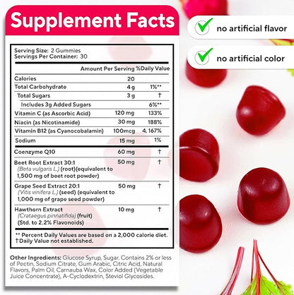 VitaUp Beet Root Gummies – Beetroot Supplement with CoQ10, Grape Seed, Vitamin C, B12 & B3 – Nitric Oxide Gummies for Circulation Support – Beet Supplement for Energy & Immune Support – 60 Beets Chews
