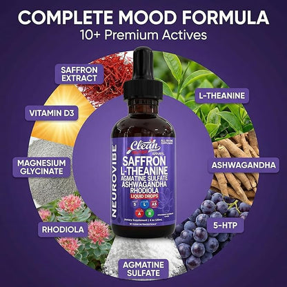 Saffron Supplements Liquid Drops L-Theanine Agmatine Sulfate Ashwagandha Magnesium Glycinate B6 Magnesium Stress Relief Mood Support 5-HTP GABA Supplement Vitamin D 4oz by Clean Nutra