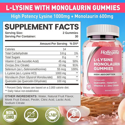 L-Lysine Monolaurin Gummies, Monolaurin and Lysine 1000mg Supplement for Adults & Kids, with Vitamin C, Zinc, Selenium & Quercetin, Immune & Overall support, Oral & Lip Health, Peach Flavor, 60 Ct
