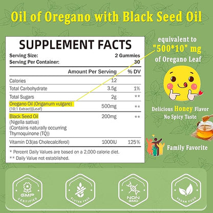 Oil of Oregano with Black Seed Oil + Vitamin D3 | 3 in 1 Oregano Oil 500mg Gummies for Immune Health | Retains High Concentrated Carvacrol & Thymoquinone | Non-GMO, Vegan | 120 Chewable