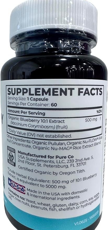 USDA Organic Blueberry Extract Capsules - High Potency Organic Blueberry 500mg 10:1 Extract Per 1 Capsule Serving - Blueberry Supplement for Brain & Immune Support - Vegan Non-GMO (2 Month Supply)