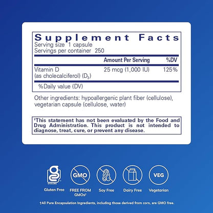 Pure Encapsulations Vitamin D3 25 mcg (1,000 IU) - Supplement to Support Bone, Joint, Breast, Heart, Colon & Immune Health* - with Premium Vitamin D - 250 Capsules