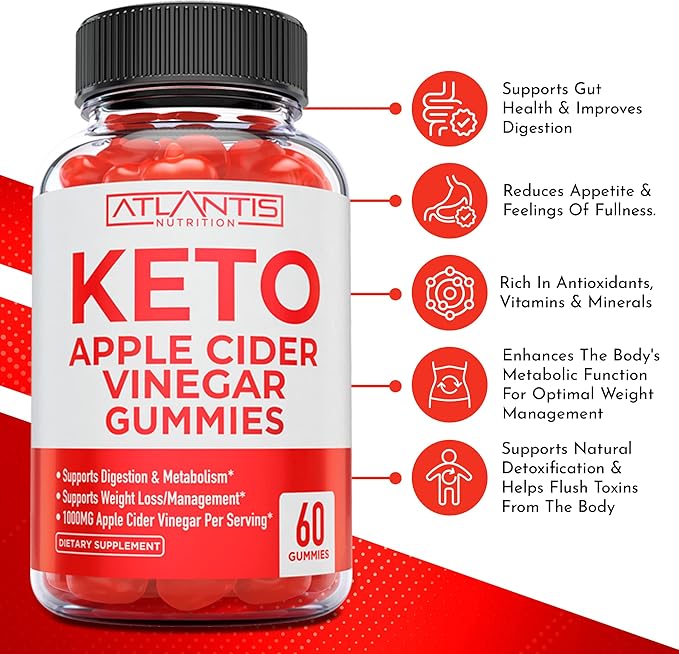 Atlantis Nutrition Keto ACV Gummies for Weight Loss - Apple Cider Vinegar Gummies Formulated to Support Advanced Weight Loss, Digestion, Detox & Cleansing, Made with 1000MG ACV Per Serving - 60 Count