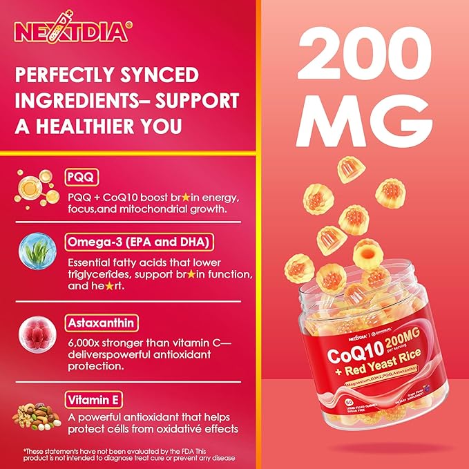 Red Yeast Rice Gummies 600mg & CoQ10 200mg for Adult, 12-in-1 High Absorption Coenzyme Q10 Supplement Plus Omega 3, PQQ, Astaxanthin, Methyl B12, Support Brain, Energy, Immunity, Antioxidant, 60Cts