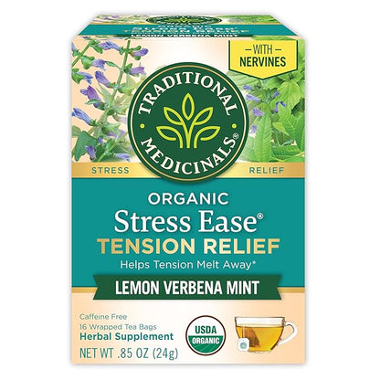 Traditional Medicinals Organic, Stress Ease Tension Relief, Lemon Verbena Mint Tea - Supports Stress Relief - Kosher, Non-GMO, Caffeine-Free, Compostable - 16 Tea Bags
