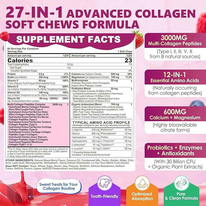 Collagen Gummies + Biotin Soft Chews 3000mg for Women & Men, Ultra Hydrolyzed Collagen Peptides Boosting Type I,II,III,V,X, Vitamin C, E, Anti-Aging Formula for Hair, Skin & Nails, Digestion,Bone,60Ct