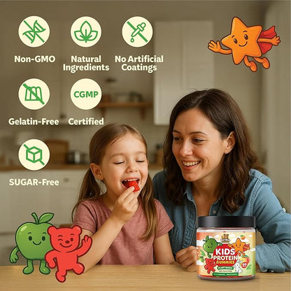 Bear Bites Gummies-Plant Based Kids Protein Gummy– Vegan, Sugar-Free, Gluten-Free, Vitamin C – Immunity Booster, Protein Snacks –Tasty Apple, Peach, Mango Flavors –90 Count –No Artificial Flavors