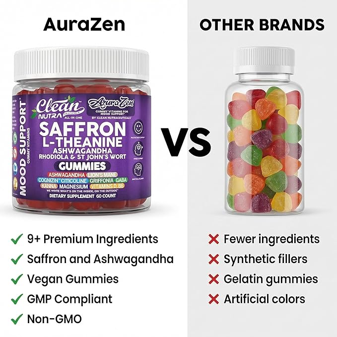 AuraZen Mood Support Saffron Gummies L-Theanine Ashwagandha Rhodiola St John's Wort Lions Mane GABA Vitamin D Magnesium Supplement | Calm Vegan Plant-Based Herbal Gummy By Clean Nutra