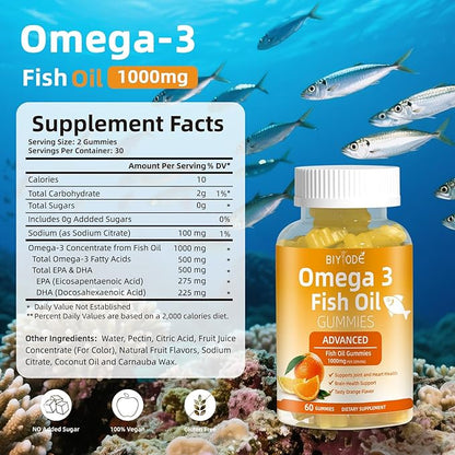 Omega-3 Fish Oil Supplements: Pure 1000mg Omega-3 Gummies Support Heart Joint Eye Brain Immune Health 60 Gummies 30 Day Supply