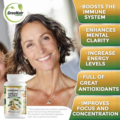 GreeNatr Ginko Biloba & Panax Ginseng Supplement - Red Ginseng Brain Supplement for Memory and Focus - Ginkgo Biloba Supplements for Good Vision, Immune System and Improved Blood Flow - 12 Bottles
