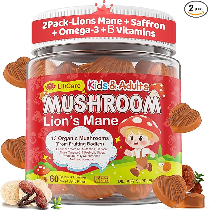 Kids, Teens & Adults Focus Gummies - Lions Mane Mushroom + Saffron + Algae Omega-3, 24-IN-1 Attention Supplement with Chaga, Magnesium, Methylated B12, B6 for Brain, Memory, Energy, Sugar Free, 2Pack
