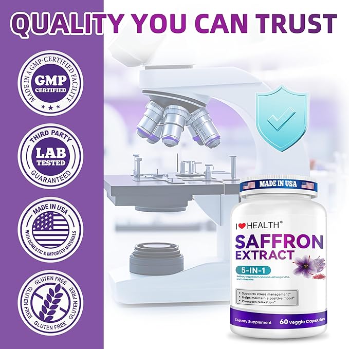 Saffron Supplement – 88.5mg with Magnesium Glycinate, Ashwagandha & L-Theanine for Stress Relief, Calm Mood & Emotional Balance – Made in USA – 60 Capsules
