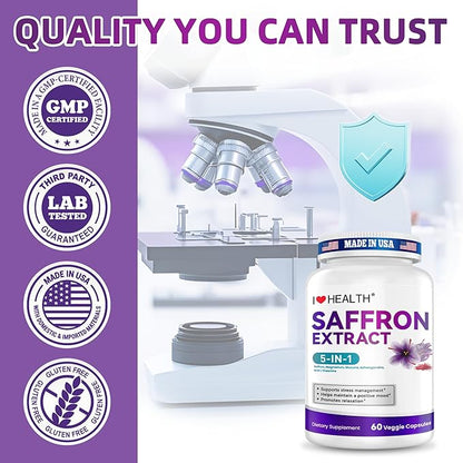 Saffron Supplement – 88.5mg with Magnesium Glycinate, Ashwagandha & L-Theanine for Stress Relief, Calm Mood & Emotional Balance – Made in USA – 60 Capsules