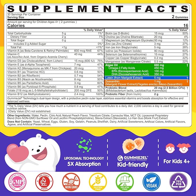 Kids Multivitamin Gummies with Iron, 450mg Algae Omega-3, Methylated B12, Folate, Fiber 2g, Probiotics, Magnesium, A, C, D, K, Zinc,Children Vitamins for Growth, Brain, Eye, Gut, Immune,Kids 4+ 120Cts
