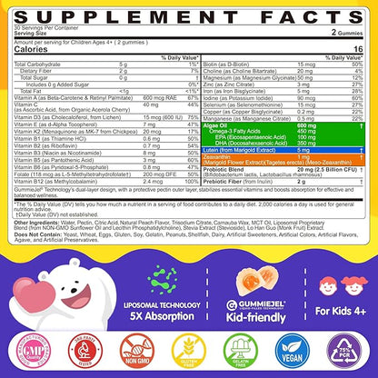 Kids Multivitamin Gummies with Iron, 450mg Algae Omega-3, Methylated B12, Folate, Fiber 2g, Probiotics, Magnesium, A, C, D, K, Zinc,Children Vitamins for Growth, Brain, Eye, Gut, Immune,Kids 4+ 120Cts