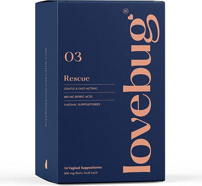 LoveBug Women's Health Rescue Vaginal Boric Acid Suppositories for Women - Fast Acting Suppository for Odor, Discharge, Yeast, and pH Balance with Coconut Oil, Hyaluronic Acid & Vitamin E, 14 ct