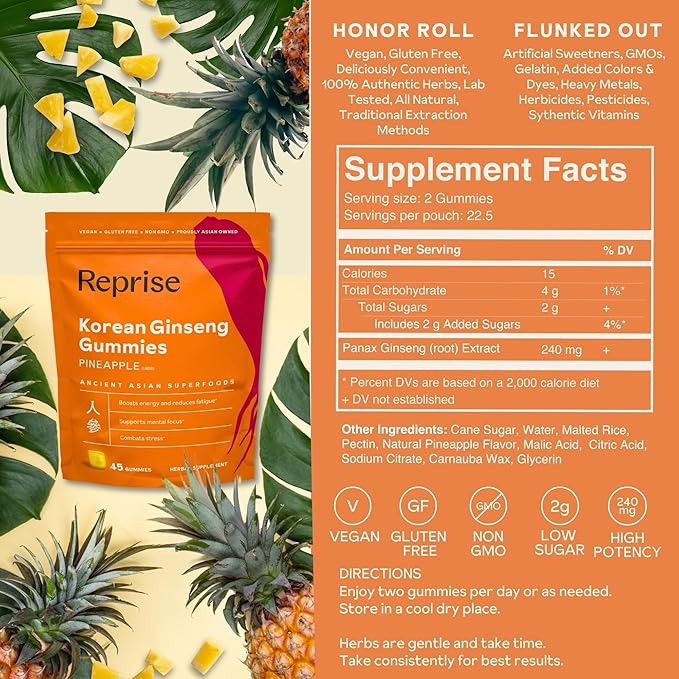 Reprise Ginseng Gummies for Adults | Korean Ginseng Supplement for Men and for Women | 240 mg Red Ginseng Gummy | Energy Gummies for Memory, and Immunity | Reduced Sugar Ginseng Chews, 45 Gummies